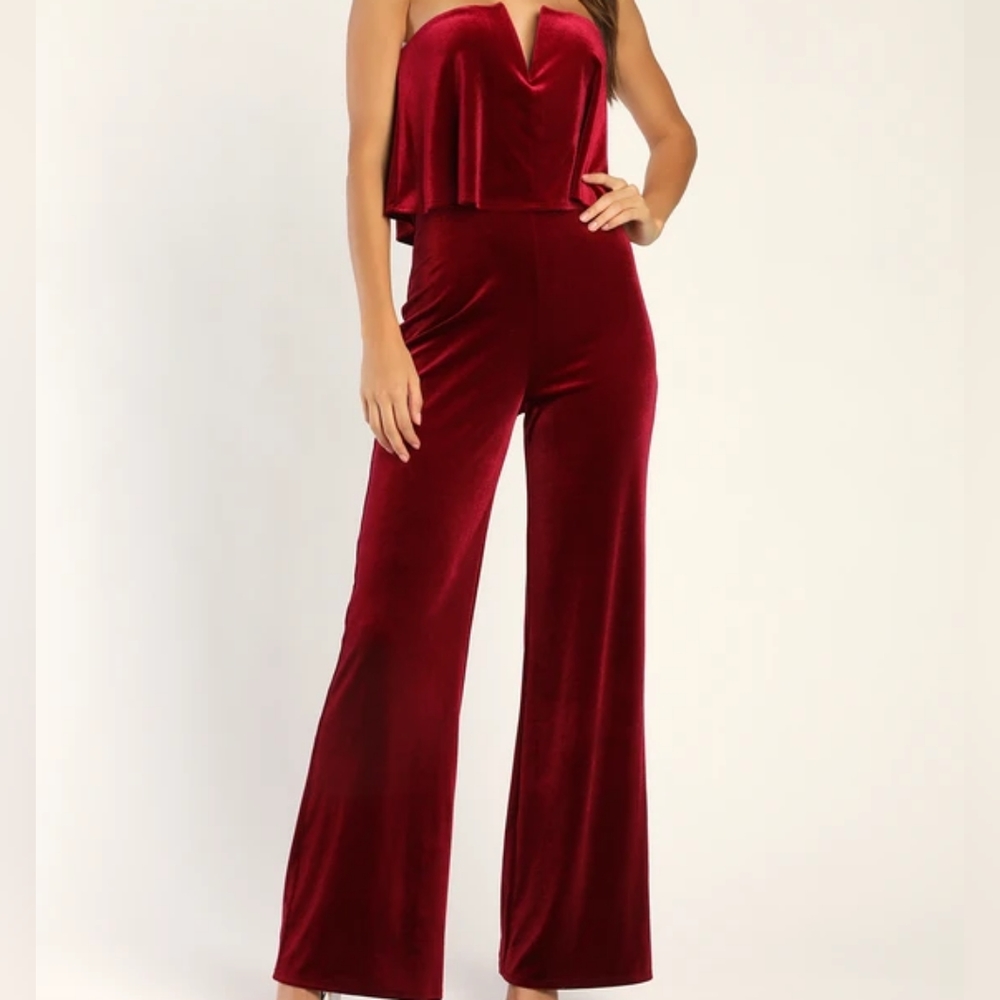 Lulus Power of Love Wine Red Velvet Strapless Jumpsuit